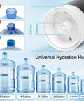 Universal hydration hub for 3 and 5 gallon bottles, featuring USB charging pump, suitable for multiple bottle sizes, black.