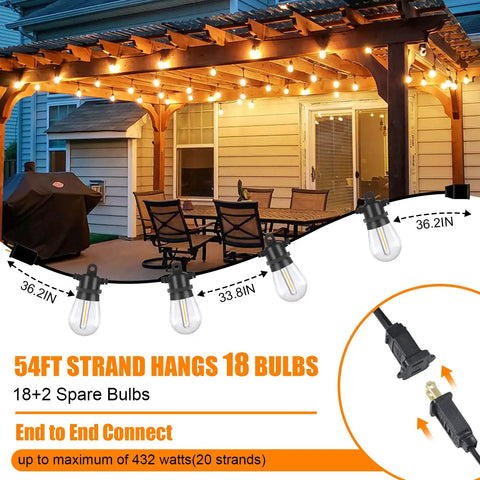 Outdoor LED String Lights 54 Ft Weatherproof IP65 Shatterproof 20 Sockets Patio Lights illuminating a patio with pergola and chairs