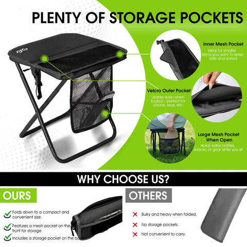 Ultra Lightweight Foldable Stool With 3 Side Pockets And Shoulder Strap Beefy Heavy Duty Camping Chair Supports Up To 400 Lbs