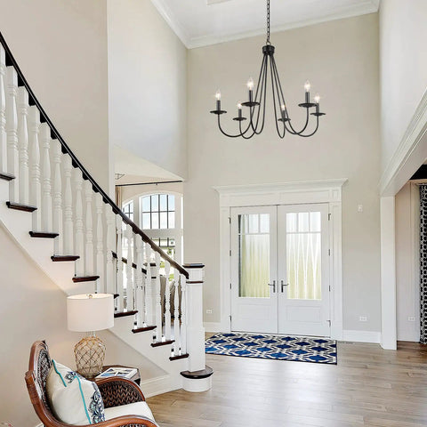 Entrance hall with Black Six Light Farmhouse Chandelier With Candle Style Bulbs For Dining Room Bedroom And Living Room 28 Inch Wide And 24 And A Half Inch High Open Frame Iron Arms For A Dope Modern Rustic Look