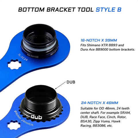 Blue bike bottom bracket tool for 16 notch 39mm and 24 notch 46mm cups, fits Shimano Hollowtech II Sram Campagnolo FSA Truvativ BBs.