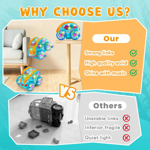 Transparent 360 Degree Light Up Music Stunt Car For Autism Sensory Play next to comparison with other toy