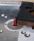 Close-up of Radius Jig Router Templates 4 Pack With 8 Radius Sizes For Woodworking, ABS construction, mounted on router table.