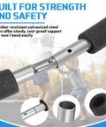 Dang Sturdy Trampoline Replacement Curved Net Poles With Plush Foam Sleeves close-up of galvanized steel pole with foam sleeves for safety.