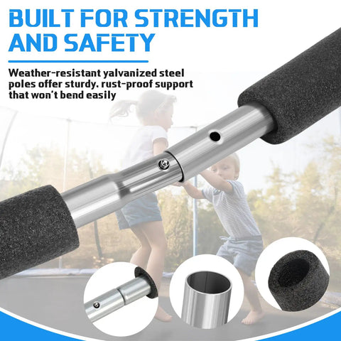 Dang Sturdy Trampoline Replacement Curved Net Poles With Plush Foam Sleeves close-up of galvanized steel pole with foam sleeves for safety.