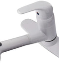 White Pull Out Sprayer Kitchen Faucet With 360 Degree Swivel Spout Single Handle, showing ceramic disc valve and deckplate.