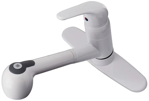 White Pull Out Sprayer Kitchen Faucet With 360 Degree Swivel Spout Single Handle, showing ceramic disc valve and deckplate.