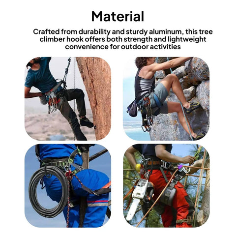 Aluminum Tree Climber Hook With Single Hand Operation for Chainsaw Tool and XL Harness shone in various climbing scenes