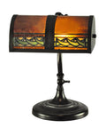 Mica Mission Desk Lamp With Deep Burnt Umber Mica Shade And Scimitar Pattern, 48 Pieces Of Hand Rolled Art Glass In Dark Bronze Finish For A Bold Manly Vibe, Metal Base, 14 Inch One Light.