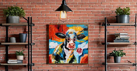 Cool Cow Portrait With Sunglasses Modern Hand Painted Textured Wall Art Framed Cow Head Floral Canvas Bold Black White Red Blue Colorway For Living Room Bedroom Or Bath A Fresh Totally Vibey Statement Piece hanging on brick wall