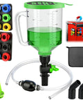 No Spill 20 Piece Engine Oil Funnel Kit with 12 Color Coded Adapters and Siphon Hose showcasing green funnel and accessories