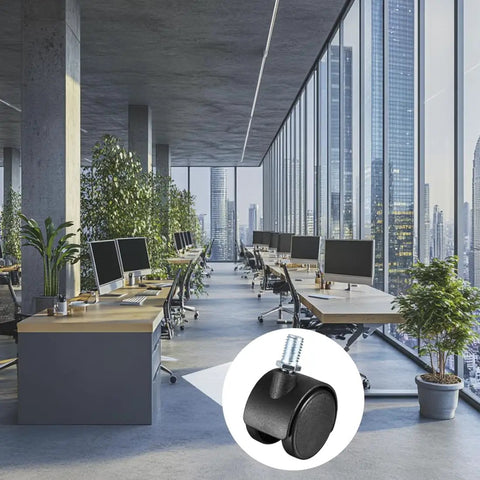 Rollin Smooth With These Top Notch Premium Nylon Caster Wheels 4 Pack 1.5 Inch swivel twin design displayed in a modern office.