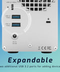 Dual Bay Thunderbolt USB C Hard Drive Enclosure Featuring Killer Hardware Raid Options Slick Design For Power Users Up To 974 Mbps Read Speeds showing two USB 3.2 ports on the back.