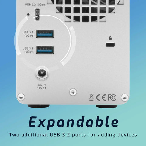Dual Bay Thunderbolt USB C Hard Drive Enclosure Featuring Killer Hardware Raid Options Slick Design For Power Users Up To 974 Mbps Read Speeds showing two USB 3.2 ports on the back.