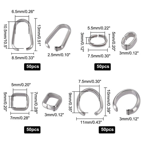 Stainless Steel Pinch Bail Clasps Set, 200 Pcs In 4 Styles, Square And Oval Bead Connectors For Dangle Jewelry, Necklace Clasps And Closures.