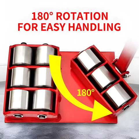 Straight Up Heavy Duty Machine Skates With 180 Degree Rotating Steel Alloy Wheels 50 Ton Capacity Industrial Mover showing 180° rotation feature.