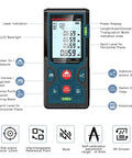 Pro Grade Laser Distance Measurer with 196 Feet 50 Meters Range, Auto Calibration and 2 Bubble Levels, Large Backlit LCD, Switchable Units Feet Inches Meters, Ideal for Builders and DIY Enthusiasts, front view