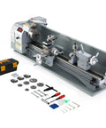 CREWORKS 9 X 30 Mini Metal Lathe Machine With LCD Display showcasing tools, gears, and a toolbox for precision metalworking projects.