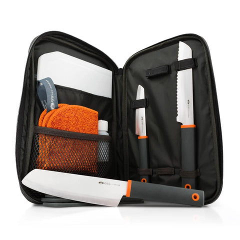 Compact 6-Piece Camping Knife Set With Santoku, Paring Knife, Serrated Bread Knife, Cutting Board, Sheaths, Soap Bottle And Travel Case