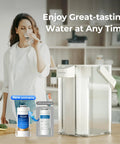 Woman drinking water with electric water filter pitcher and EDF Replacement Filter packaging shown