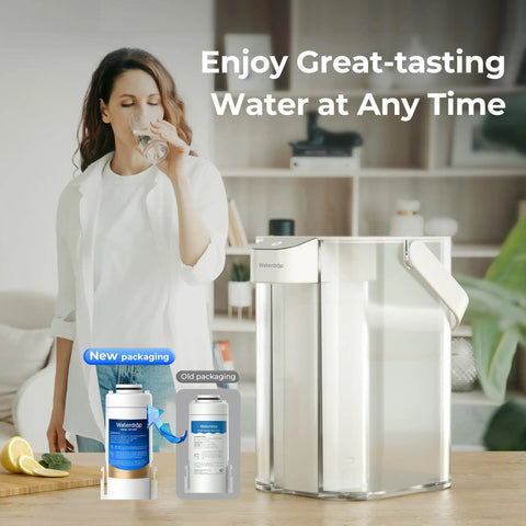 Woman drinking water with electric water filter pitcher and EDF Replacement Filter packaging shown
