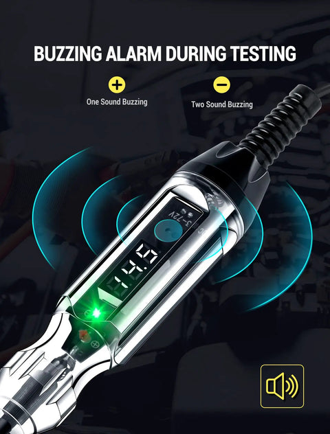 3 To 72V Automotive Test Light Circuit Tester For Quick Voltage Checks Wide Range Diagnostic Tool To Inspect Headlights Taillights Turn Signals Sockets Fuses And Electrical Circuits In Cars Trucks And Motorcycles showing digital display and buzzer