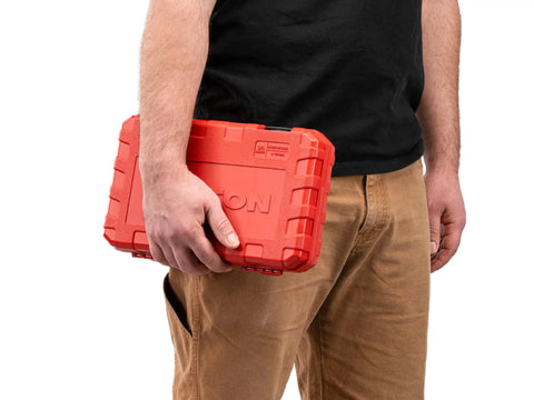 Person holding rugged portable case for 1/4 Inch Drive 56 Piece Socket And Ratchet Set In Case With 6 Point Sockets From 5/32 To 9/16 Inch