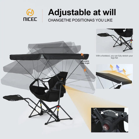 Adjustable Comfy Hammock Chair With Canopy And Detachable Footrest, showing reclining angles and footrest setup.
