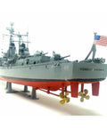 USS Destry 1 To 320 Scale Plastic Naval Battleship Model Kit With Decals For Collectors And Hobbyists, 16 Inch Build Length, showing side view with flag and propellers