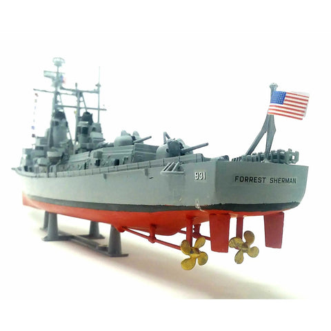 USS Destry 1 To 320 Scale Plastic Naval Battleship Model Kit With Decals For Collectors And Hobbyists, 16 Inch Build Length, showing side view with flag and propellers