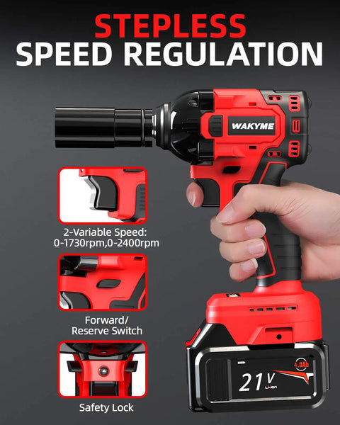 Red and black power drill with stepless speed control, lithium battery display, and ergonomic grip held by a hand.
