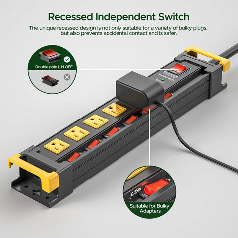 Six Outlet Heavy Duty Power Strip With Individual Switches 3300 Joules Surge Protection 15 Amp Circuit Breaker EMI Filter Built Tough For Home Office Garage Or Workshop recessed switches and bulky adapters
