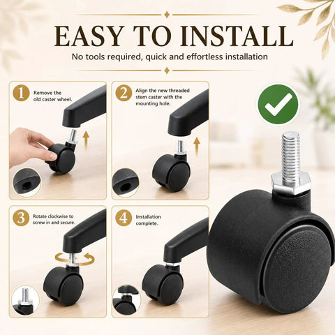 Installation guide for Pack Of Eight Heavy Duty Black Nylon Swivel Caster Wheels Featuring Secure M6 Threaded Stems.