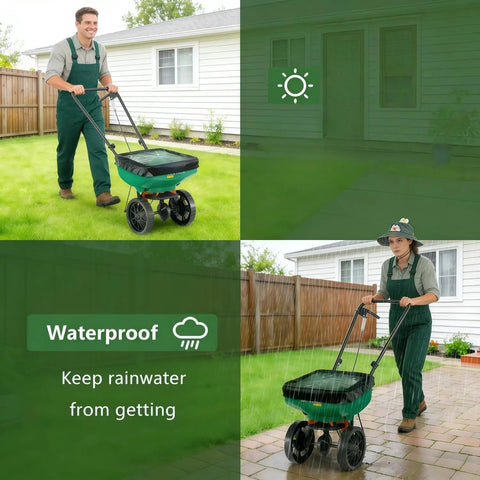 Spreader Hopper Cover Waterproof Heavy Duty Protection for Lawn and Fertilizer Spreaders with Universal Fit, shown in different weather conditions.