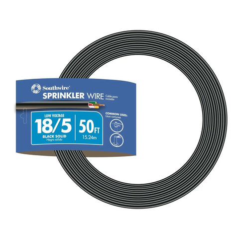 Outdoor Sprinkler And Landscape Lighting Wire 18/5 Multi Conductor, 50 ft Coil, Black, PVC Jacket, UL Listed, Wet Location Burial Capable