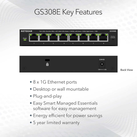 Eight Port Gigabit Ethernet Easy Smart Managed Essentials Switch GS308E No Frills, front and back view with features list.