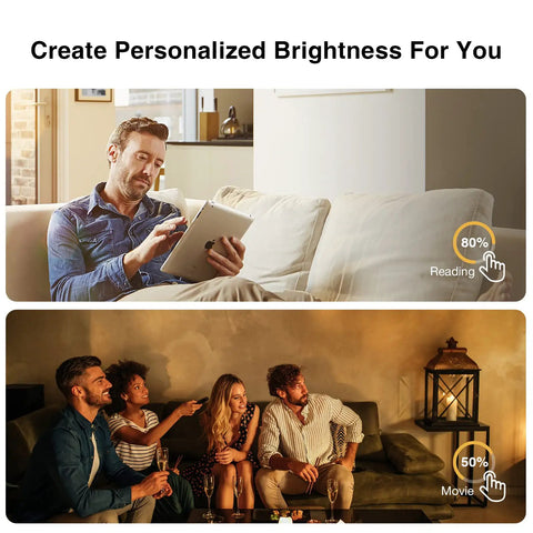 Matter Smart Dimmer Switch With Weather Display And Energy Monitoring No Fuss Setup Works With Apple Home Alexa And Google Home Single Pole Neutral Wire Required Precise 0 To 100 Percent Dimming For Reading Relaxing And Movie Nights shown in living room scenes with adjustable lighting