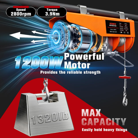 Beefy 1320 Lb Electric Hoist Winch 110V With Remote Control motor showcasing 1200W power and max capacity weight block