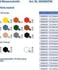 Image displaying paint chart for 1/72 Scale Messerschmitt Bf 109 G-6 Plastic Model Airplane Kit with paint codes and color options.