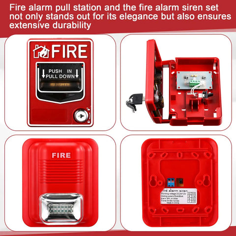 4 Pack Fire Alarm Pull Station Set With Dual Action Manual Call Point 12 24V DC Sound And Light Emergency Alarm Keyed Security Horn Buzzer, red with internal wiring view