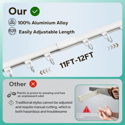 Retractable Ceiling Curtain Track Kit 11 To 12 Foot Aluminum White Rod System With Adjustable Length Includes Track Connectors Rollers Stainless Hooks Screws And Ceiling And Wall Mount Brackets For Quick No Cutting Needed Install, 11-12ft