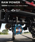 Beast Mode 750W Peak Fat Tire Electric Tricycle For Adults With Folding 20X4 Fat Tires, 48V 13Ah Battery, 50 Mile Range In PAS, UL Certified, Front And Rear Baskets, Differential, Ultra White rear motor and chain close-up with 1350W peak power graphic