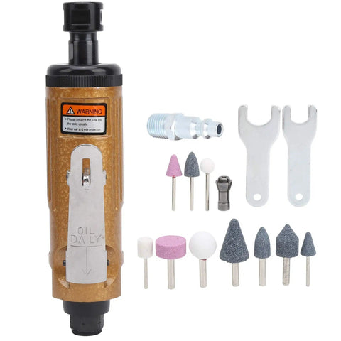 Straight Handle Air Die Grinder With A Rock Solid Grip That Lets You Polish And Grind Quick At 22000 Rpm Heavy Duty Pneumatic Engraving Tool with various accessories.