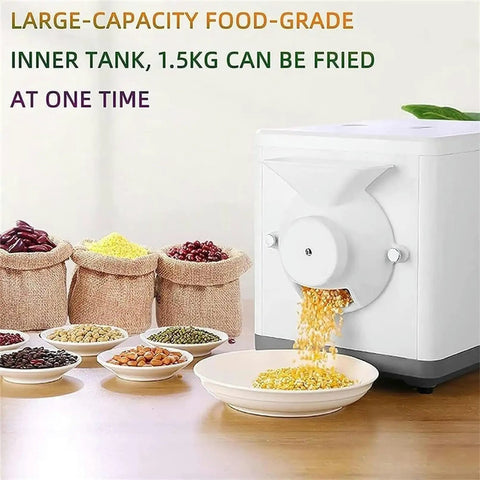 Electric Coffee Roaster Machine With Adjustable Temp And Timer Non Stick Stir Fry Drum 1600W, large capacity for 1.5kg of beans.