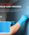 Heavy Duty 6 Mil Blue Nitrile Work Gloves With Rock Solid Textured Grip For Mechanics And Auto Shops, Powder Latex Free Tear Resistant Daily Grind Hand Armor, 100 Pack XX Large with textured palm applying paint.