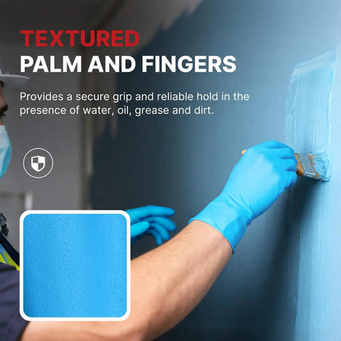 Heavy Duty 6 Mil Blue Nitrile Work Gloves With Rock Solid Textured Grip For Mechanics And Auto Shops, Powder Latex Free Tear Resistant Daily Grind Hand Armor, 100 Pack XX Large with textured palm applying paint.
