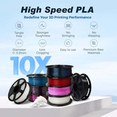 High speed PLA spools including Rapid PLA Filament Ruby Red 1.75mm 1kg Spool for Ultra Fast 3D Printing with key features listed