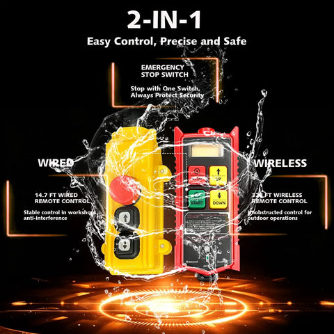 Beefy 2 In 1 Electric Chain Hoist With 2200 Lbs Pull Capacity And 20 Ft Lift Featuring Industrial Grade G80 Steel Chain For Heavy Duty Garage Shop Hauling And Rigging Workloads, showing wired and wireless controls.
