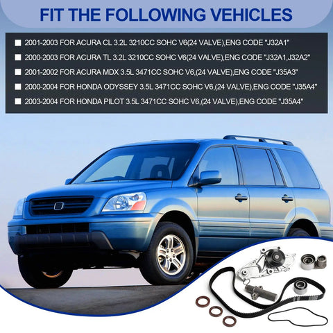 Honda Timing Belt Water Pump Kit With Beefed-Up Tensioners For Odyssey 2000-2004 shown with compatible vehicles.