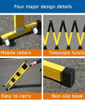 Adjustable Telescopic Safety Barrier With Slick Glide Casters, Grab And Go Pop Up Crowd Control Fence for showcasing mobile rollers and telescopic function.